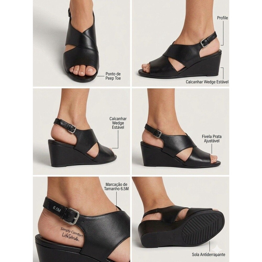 Easy Street Women's Black Wedge Slingback Sandals Open Toe Buckle US 6.5 M